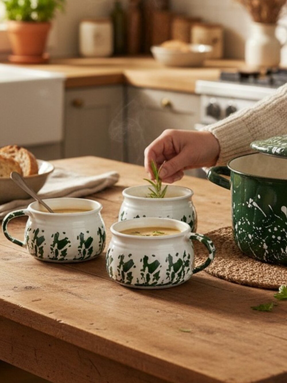 Green Spongeware Large Ceramic Soup Mugs Country Farmhouse Cottagecore Kitchen